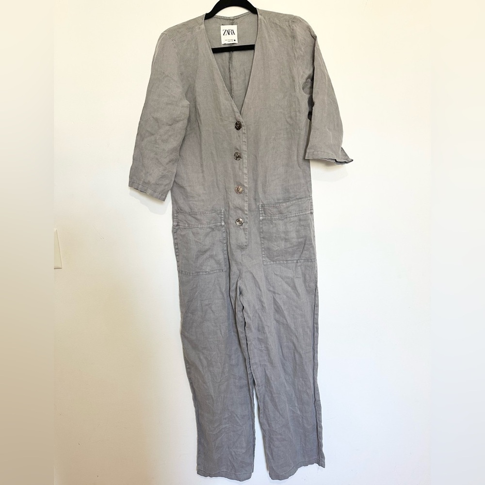 Zara Lillian Jumpsuit Size Small Gray 100% Linen V-Neck Utility Romper Jumper